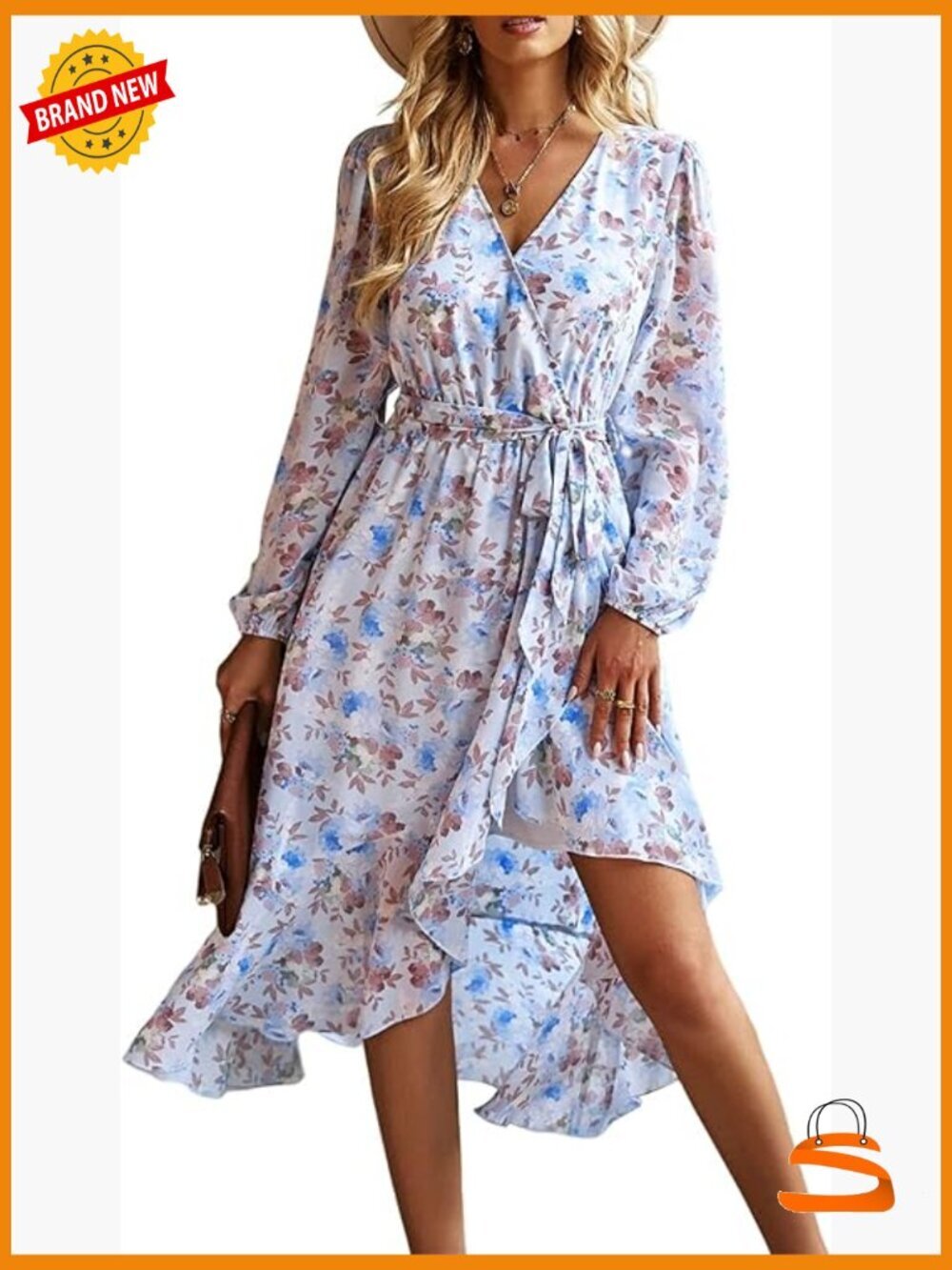 Long Sleeve Floral Wrap V Neck Ruffled Flowy Maxi Dress with Belt